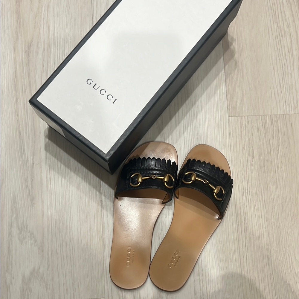 Gucci Black and Tan Sandals with Horsebit Detail